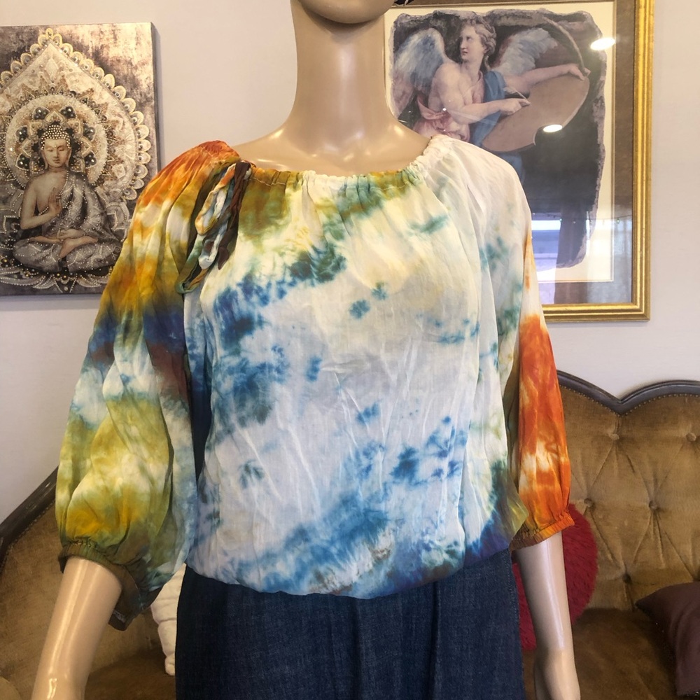 Elan Tie-Dye boho blouse blue asphalt denim dress bundle small